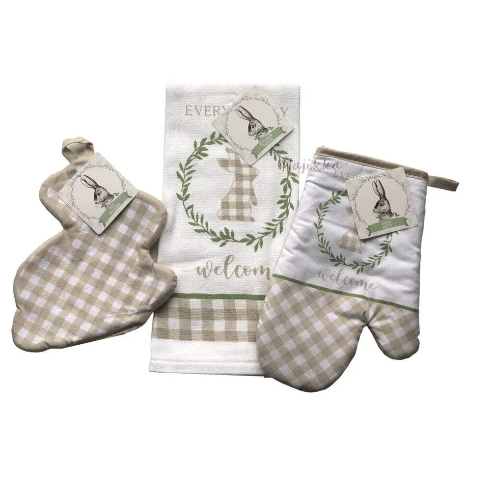 Easter Bunny Kitchen Dish Towel Potholder Oven Mitt Set of 3 Tan Buffalo Check